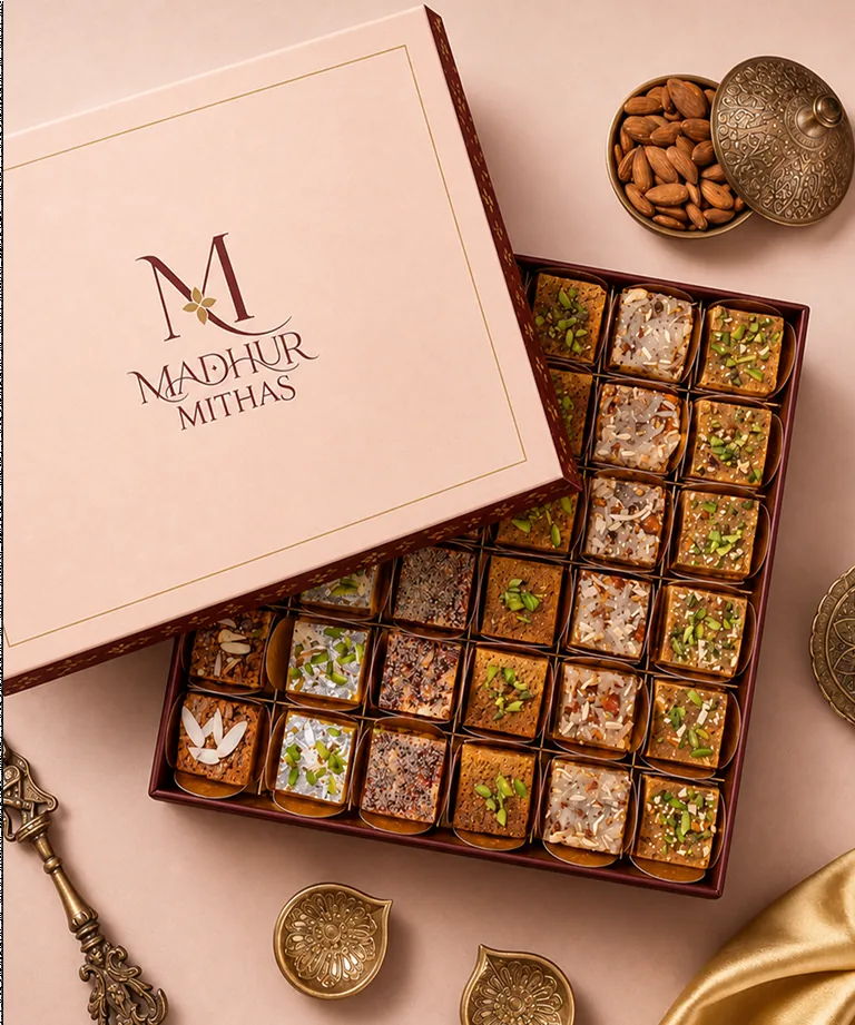 Madhur Mithas gift box filled with dry fruit barfi