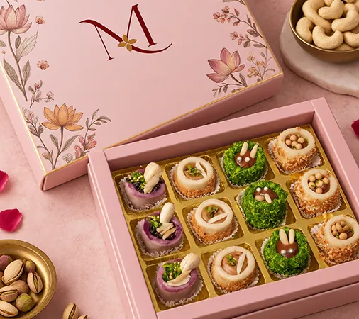 Assorted mithai in a Madhur Mithas box