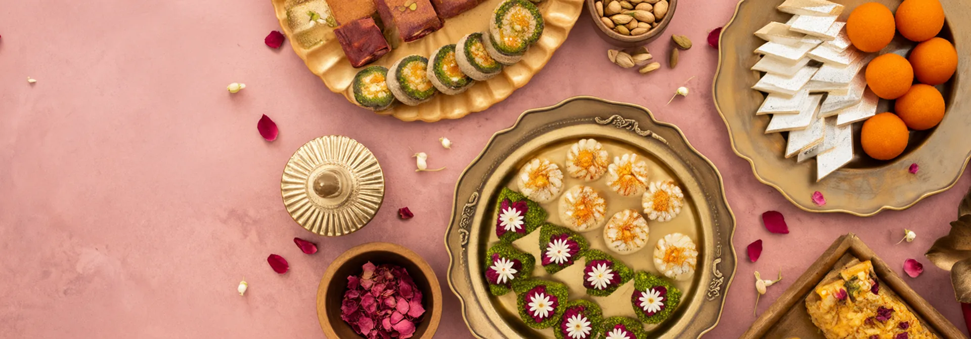 Madhur Mithas sweets platter with kaju katli, motichoor and dry fruit rolls