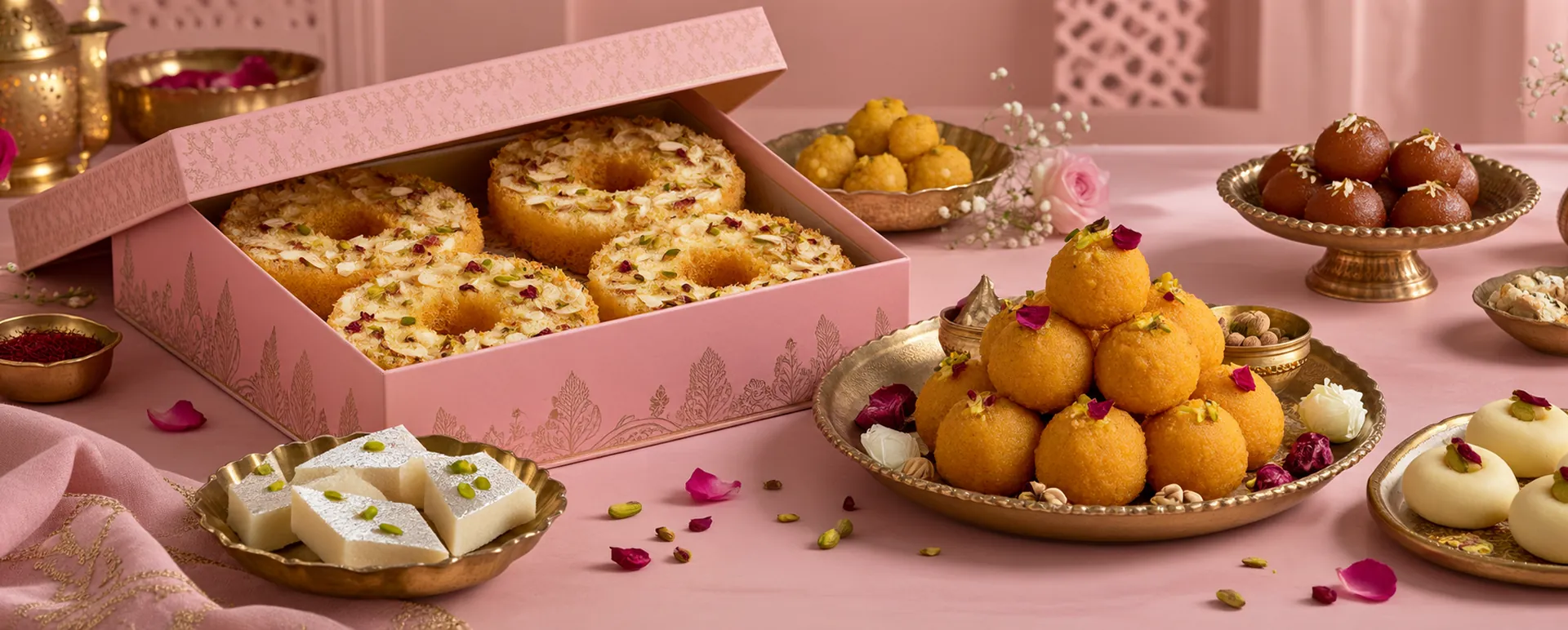 Ghewar, laddoos and barfi on a festive table